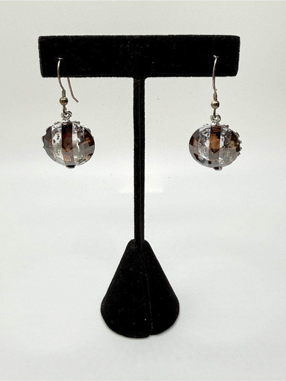 Henry Bendel Faceted Clear and Brown Crystal Drop Earrings
